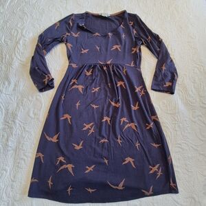 Boden women's 4P US navy dress with brown bird print, 3/4 sleeve VGUC
